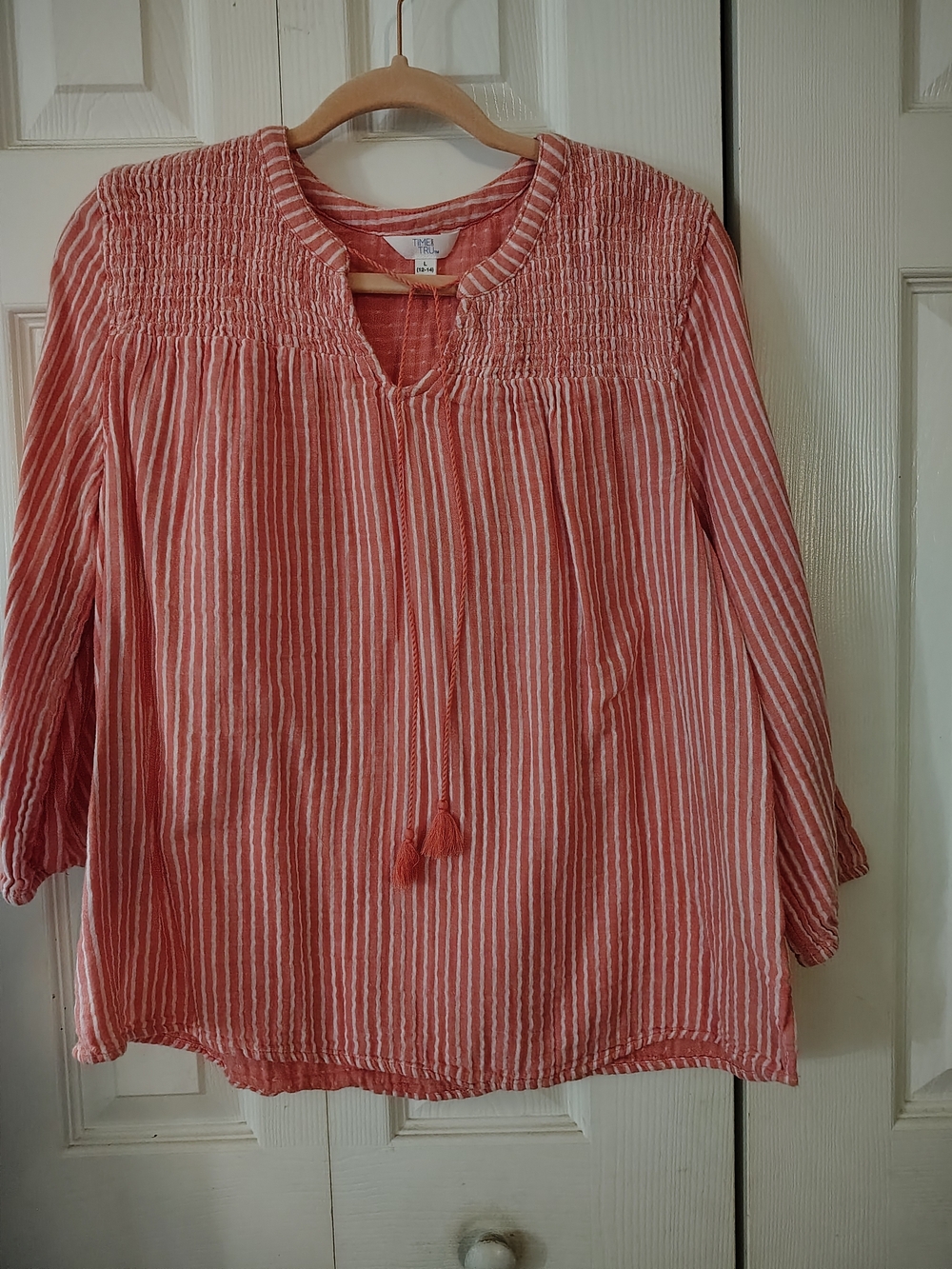 Time and Tru Coral-Striped Smocked Yoke Tunic with Tassel Tie